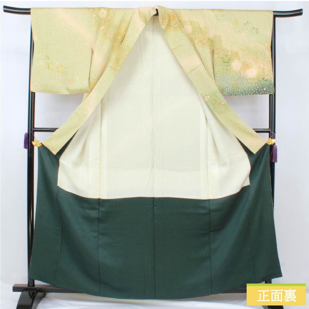 訪問着 正絹 Bランク 袷 身丈160.5cm 裄丈65.5cm 硫黄色(いおういろ) 総絞り 草花 緑系 1112007444419