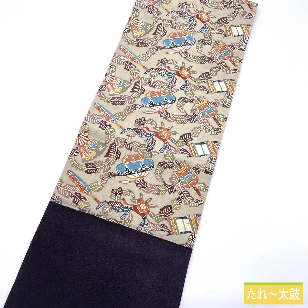 Nagoya Obi, Pure Silk, Grade A, Sobakiri (Soba-kiri Color), Stencil Dyed with Bingata-inspired Abstract Floral Design, Length 340cm, Six-fold, Casual, Gray, Product Number 1124010443322, Nagoya Style