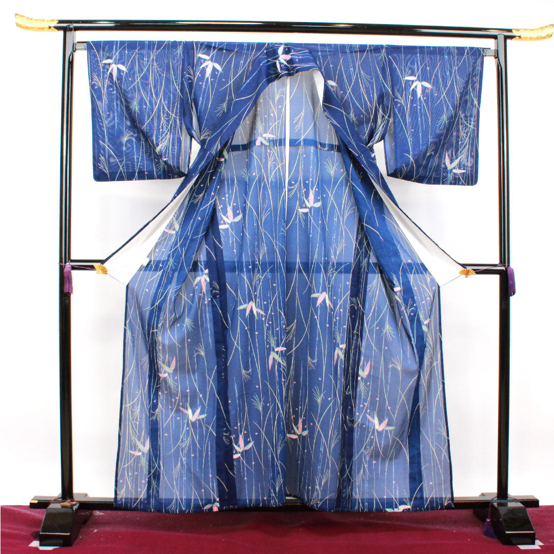 夏物 ポリエステル 小紋 身丈160cm 裄丈67cm 紺桔梗色(こんききょういろ) 竹 洗える着物 絽 Sランク 紺系 1132001442418