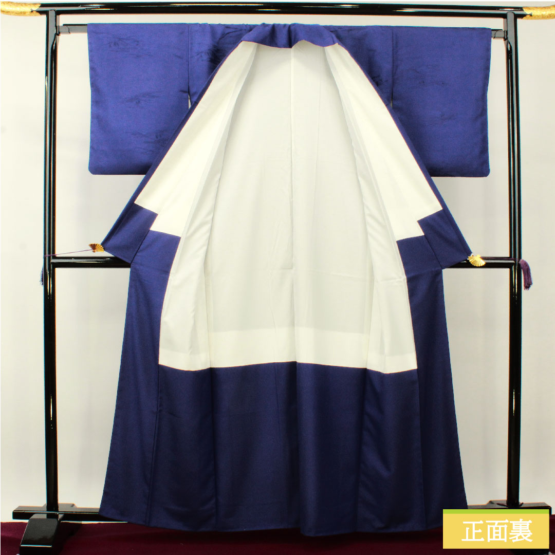 Plain color, polyester, length 162.5cm, sleeve length 64.5cm, bellflower color, washable kimono, lined, S rank, navy blue, 1114001242418