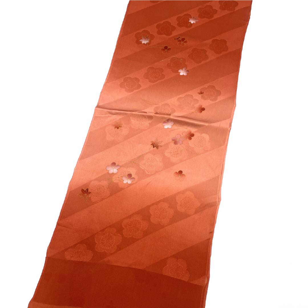 Semi-formal obiage (sash sash), pure silk, S-rank, medium crimson, gradient, classic plum blossom pattern, vermilion, approximately 176cm long, approximately 29.5cm wide, vermilion, product number 1136001792916
