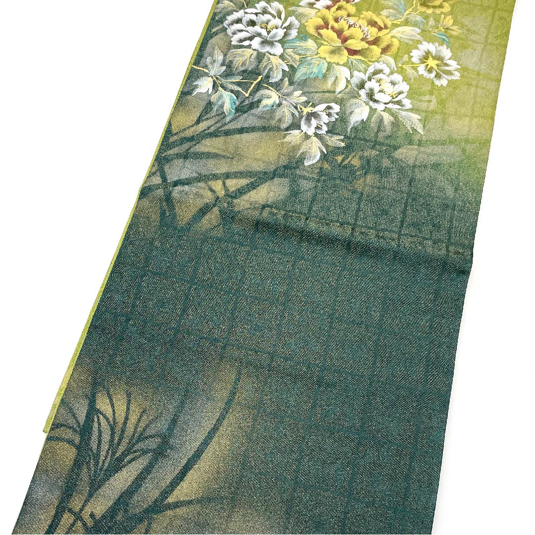 Fukuro Obi (Pine Needle Color) Flower Pattern Dyed Obi Length 440cm Pure Silk B Rank Point Pattern Semi-Formal Green 1123005534319