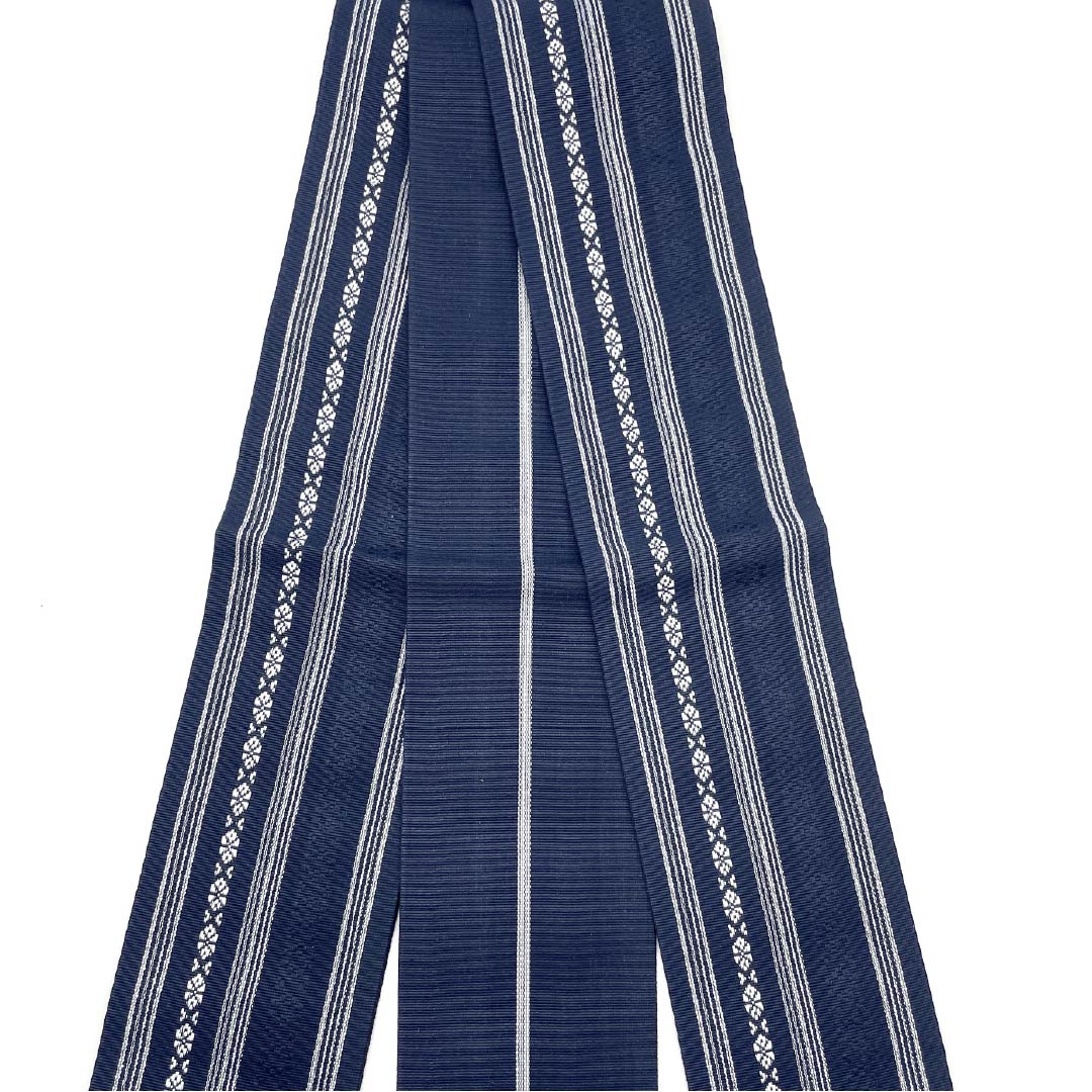 (Untailored) Cotton S-Rank Obi (Sash) with Hakata-ori (Kenjo) Pattern, Length 400cm, Width 9.5cm, Navy Blue, 1134000552918
