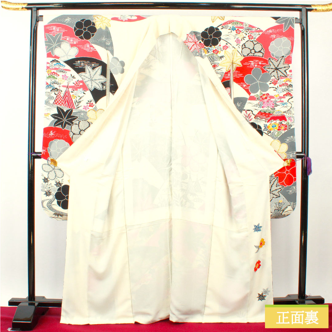 Furisode, pure silk, length 167.5cm, sleeve length 69cm, lined, Kyoto Bingata, auspicious motif, Hajik processing, A rank, white, 1113002103511