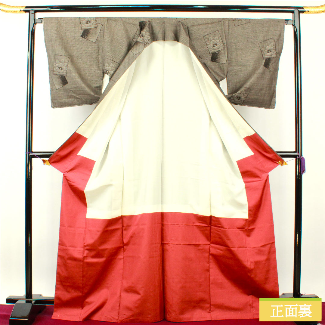 Silk pongee, Length 170.5cm, Sleeve length 67.5cm, Oshima pongee, 7 marks, Floral pattern, With basting thread, A rank, Lined, Brown, 1116003753614