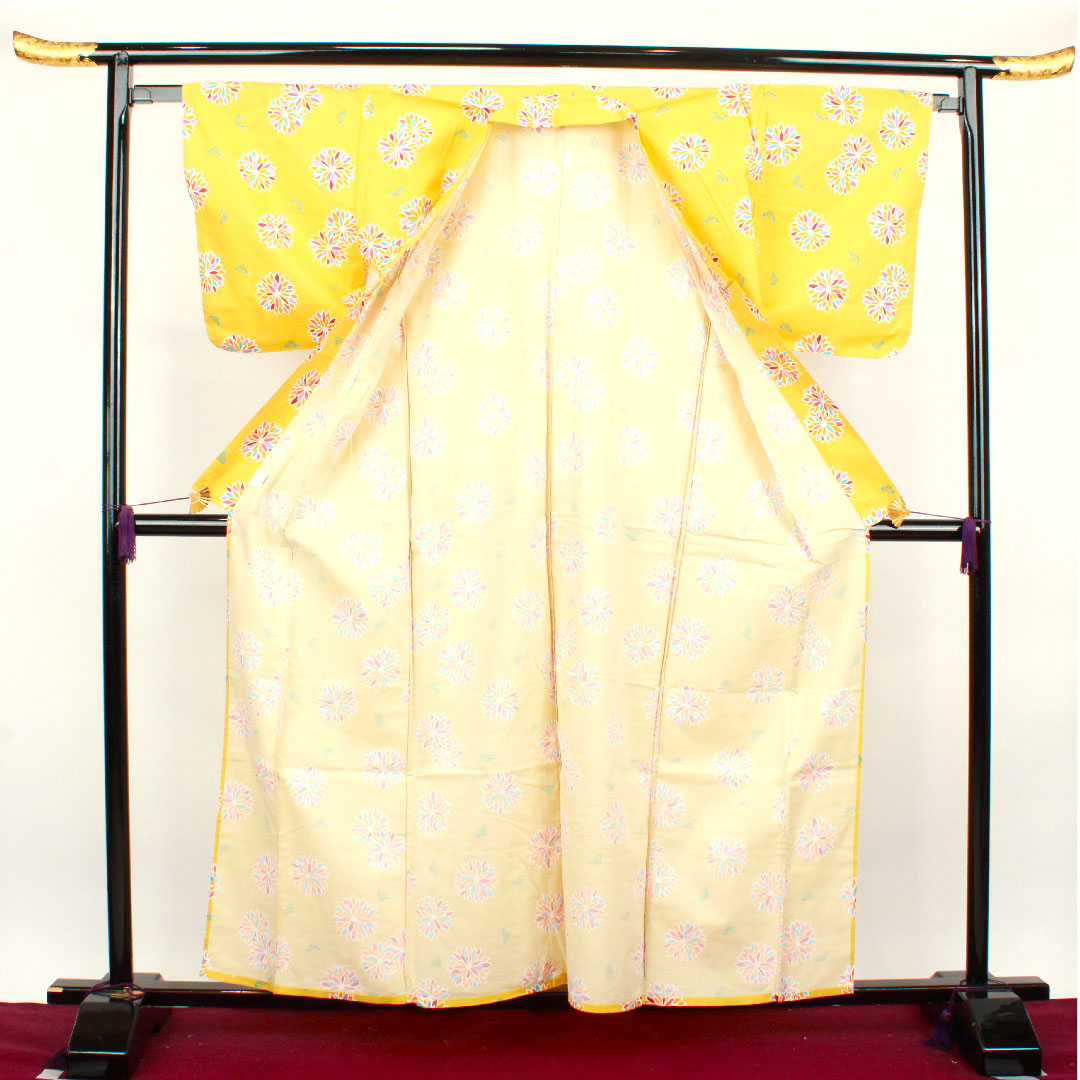 Yukata, Shishigoto color, abstract pattern, cotton, S rank, single layer, length 160.5cm, sleeve length 64cm, yellow, 1118001232423