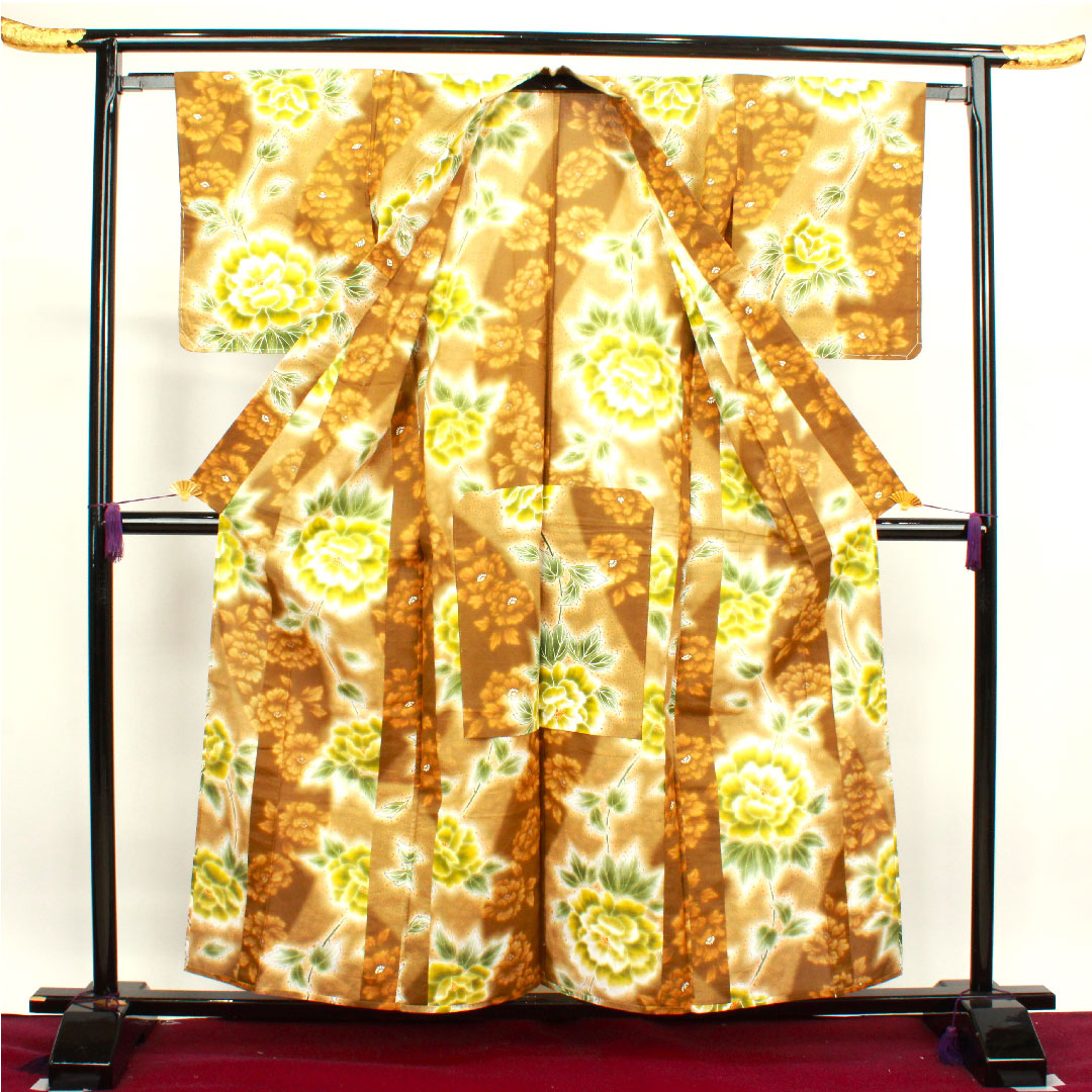 Yukata with basting thread, unused, chestnut color, peony, cotton, S rank, single layer, length 158.5cm, sleeve length 63.5cm, brown, 1118002702314