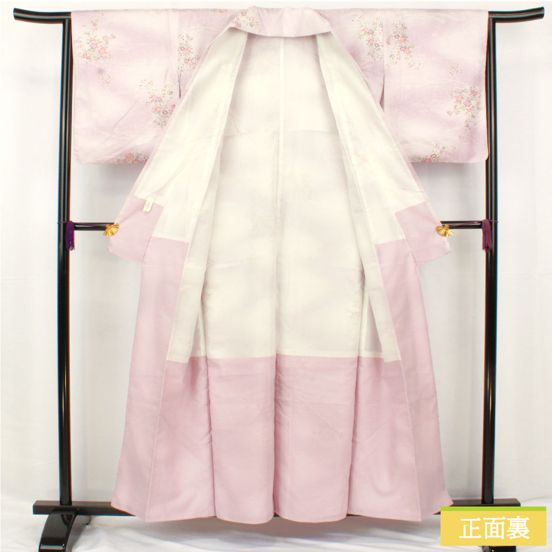 Small pattern, polyester, length 157.5cm, sleeve length 64cm, lined, light wisteria color, washable kimono, floral pattern, A rank, purple, 1115004543320