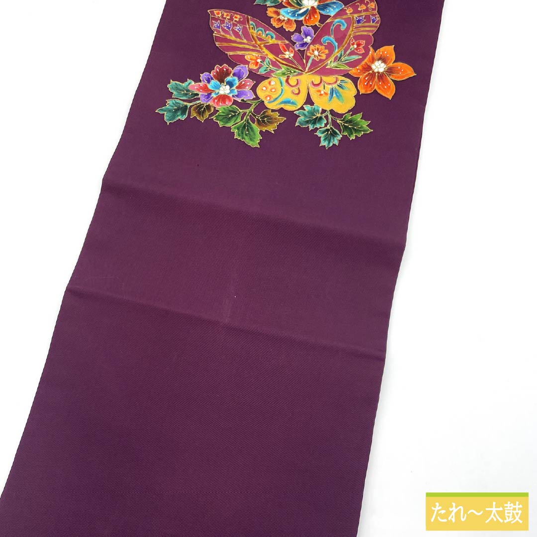 名古屋帯 正絹 Aランク 蒲萄色(えびいろ) 染め帯 塩瀬 蝶 帯丈352cm ポイント柄 カジュアル 紫系 1124009583320 名古屋仕立て