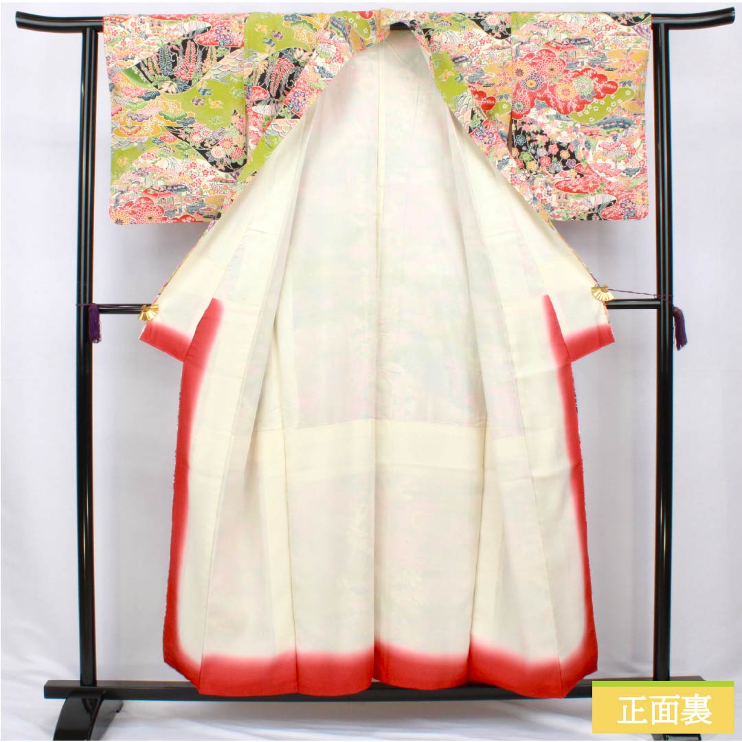小紋 正絹 Sランク 身丈154cm 裄丈62cm 袷 鶸萌黄色(ひわもえぎいろ) 京紅型 吉祥文様 緑系 1115006832219