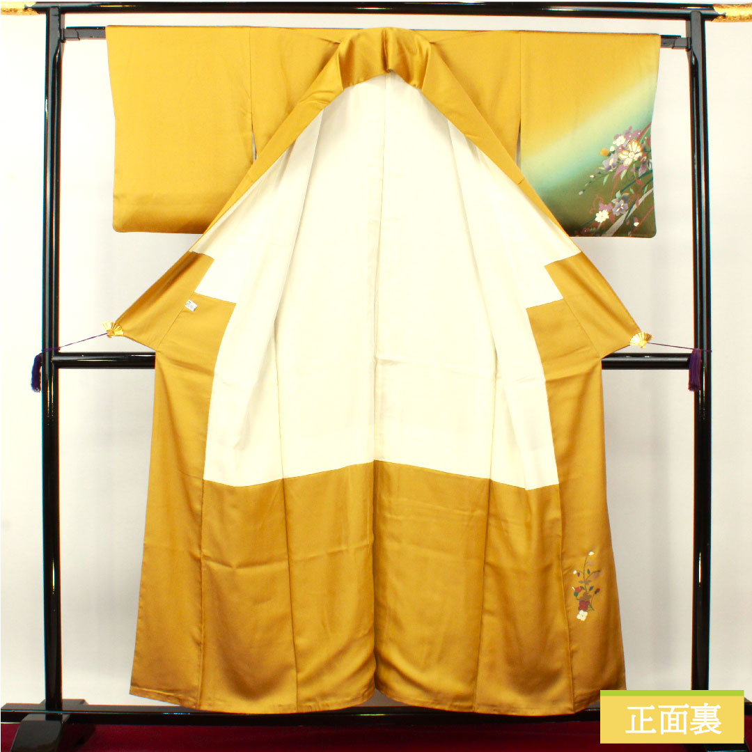 Homongi, pure silk, lined, length 156.5cm, sleeve length 62.5cm, ochre, Kyoto Yuzen, floral pattern, Scotchguard processing, S rank, yellow, 1112004422323