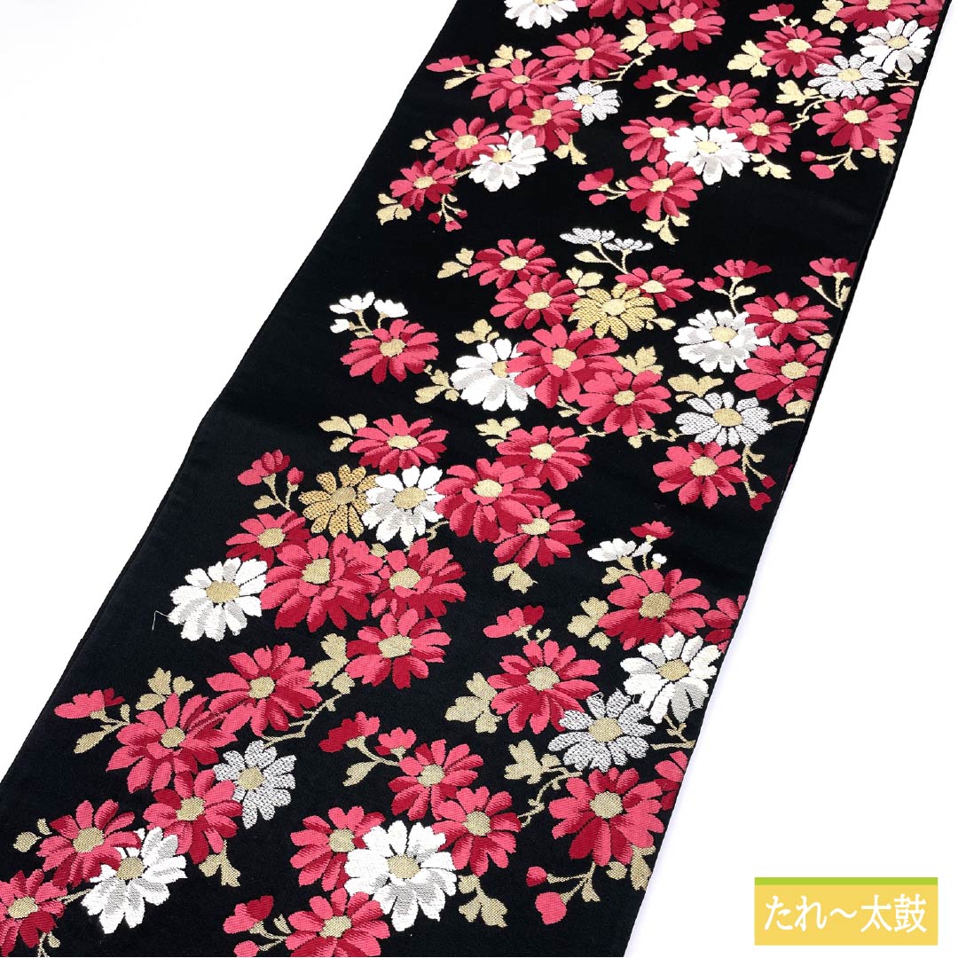 Formal black silk obi for furisode (long-sleeved kimono), floral pattern, 410cm long, S rank, six-fold hem, 1123014102310