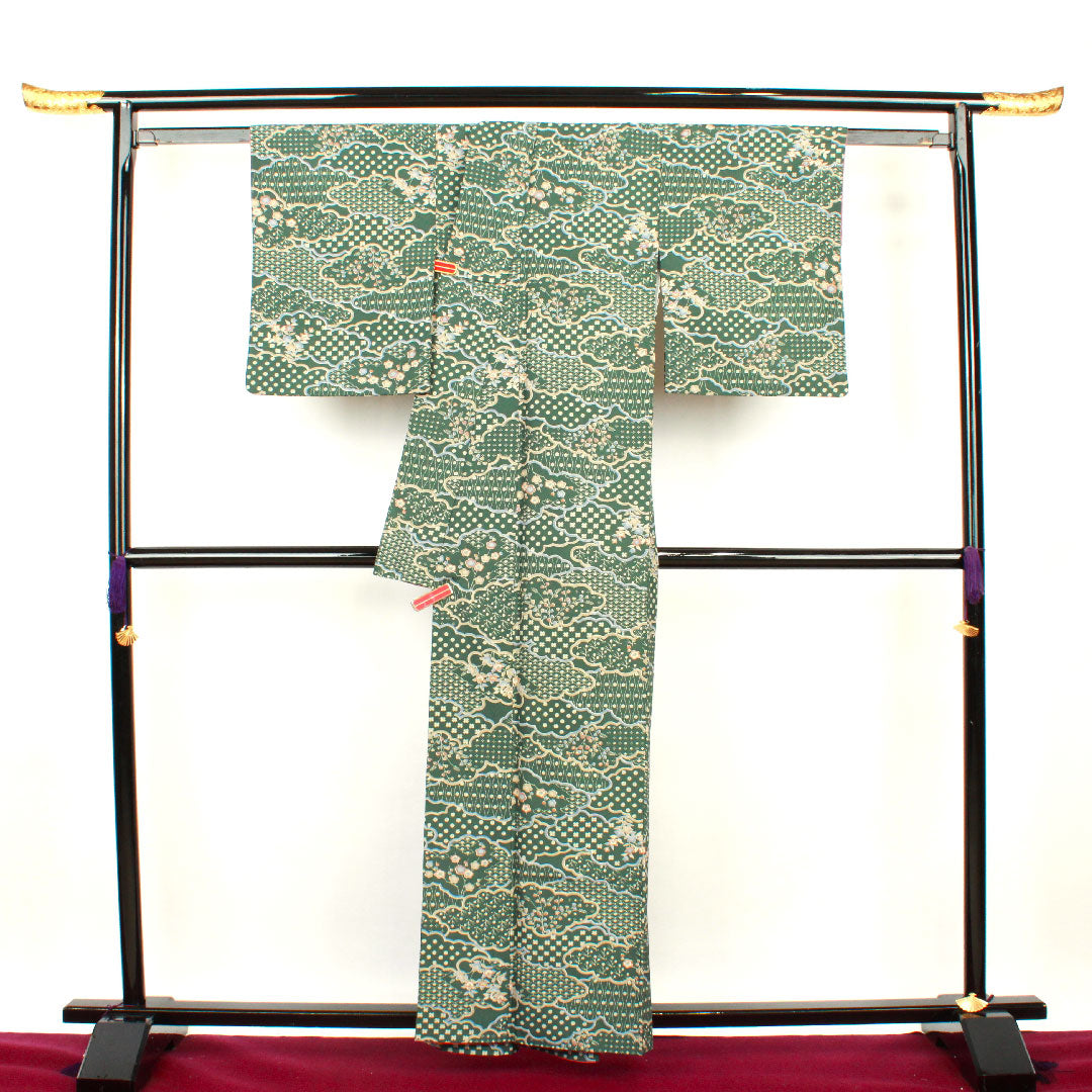 Small pattern, Length 160cm, Sleeve length 62.5cm, Awase, Light green, Washable kimono, Cloud pattern, Floral pattern, Polyester, S rank, Green, 1115002572419