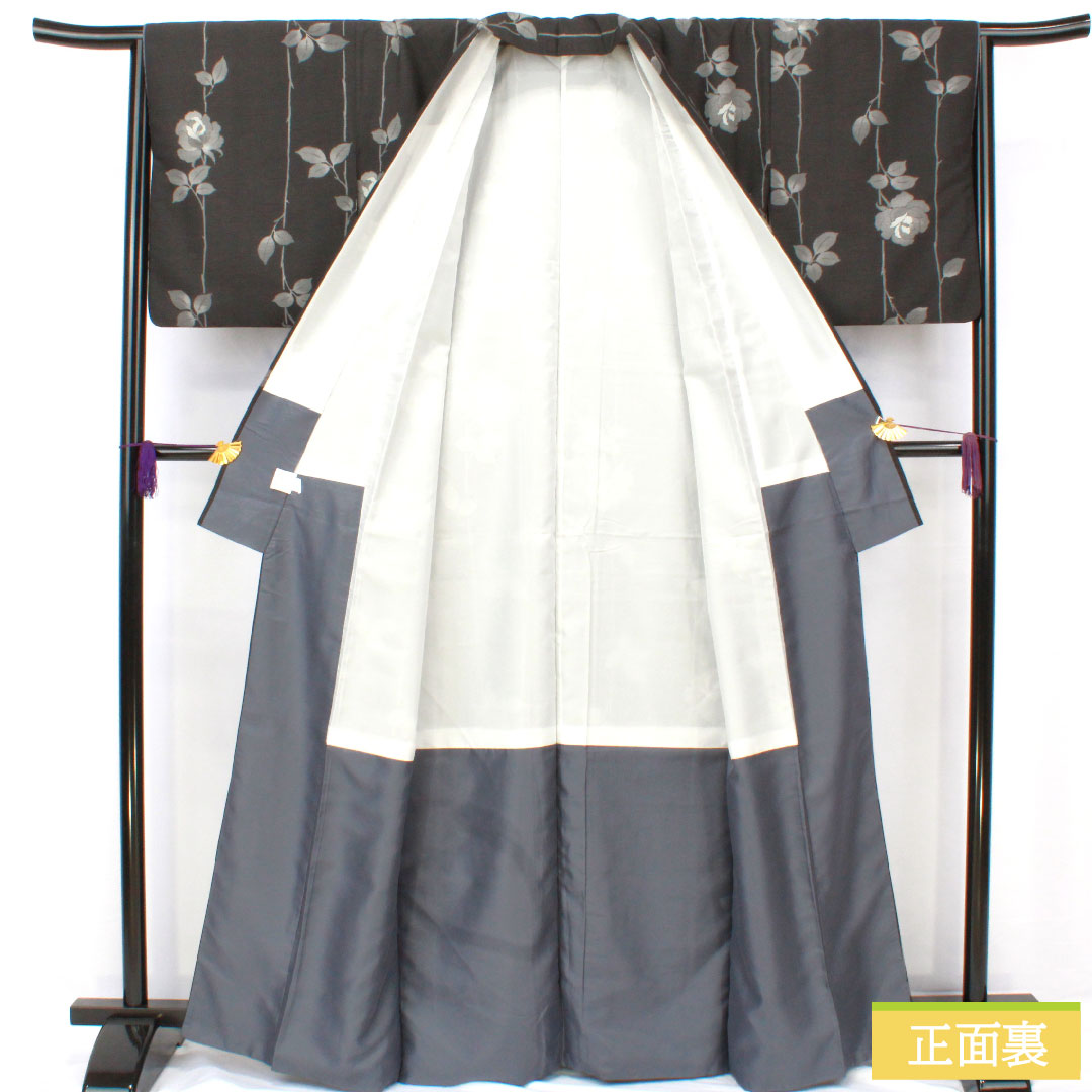小紋 ポリエステル 身丈163.5cm 裄丈66.5cm 袷 墨黒色(すみぐろいろ) 洗える着物 バラ Sランク 黒系 1115004942410