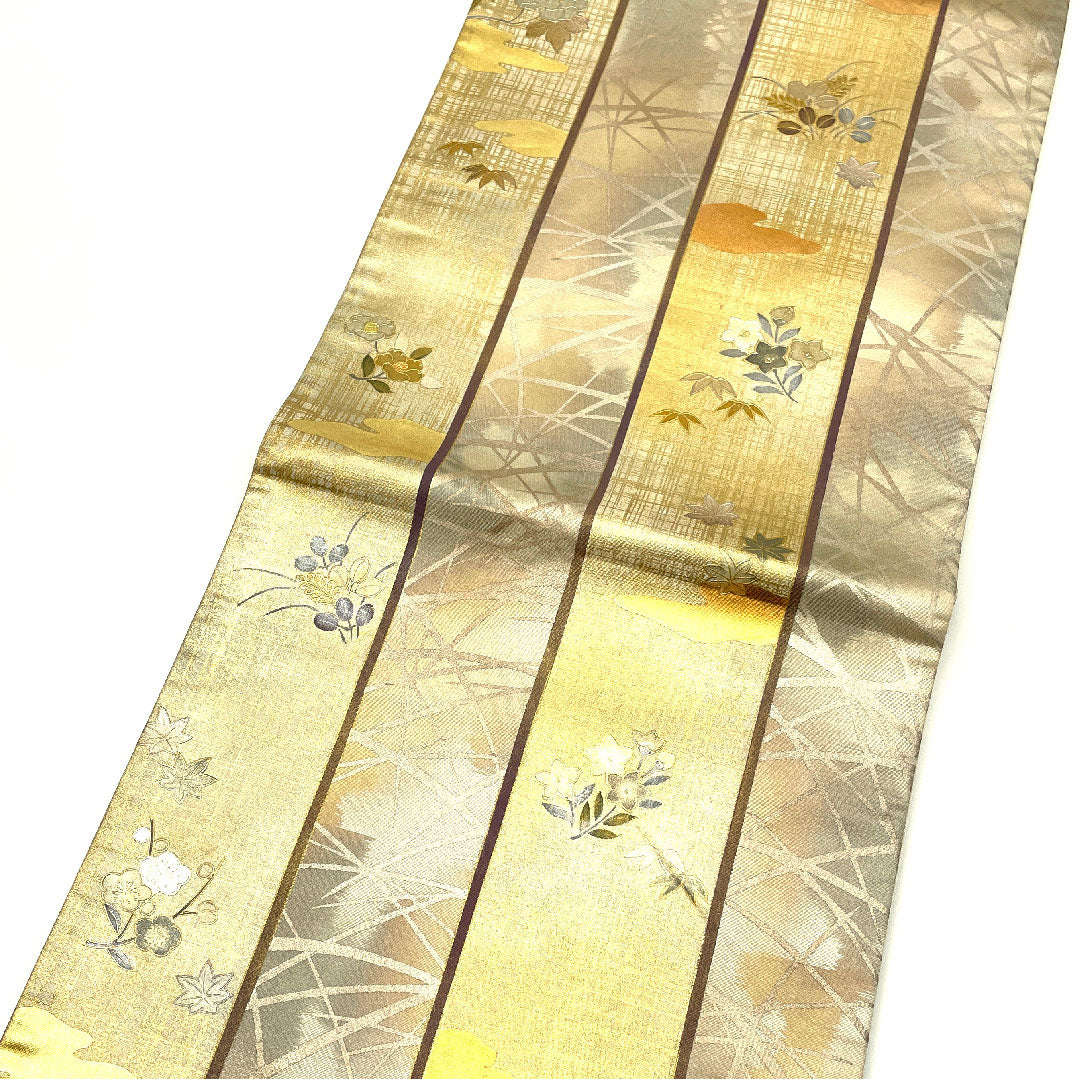 袋帯 草花模様 金銀箔 帯丈416cm 正絹 Aランク 六通 フォーマル 金系 1123003973321
