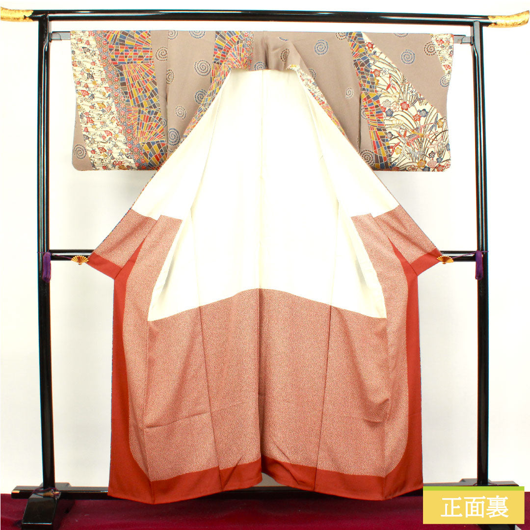 小紋 正絹 身丈154.5cm 裄丈64cm 袷 壁鼠色 京紅型 抽象模様 Aランク グレー系 1115003513222