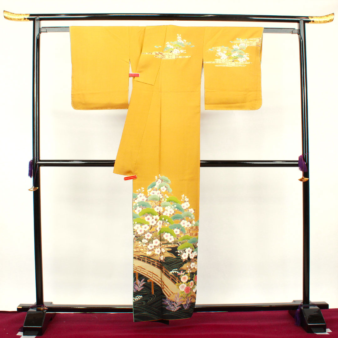 Homongi, lined, length 158.5cm, sleeve length 61.5cm, tan, Kyo-Yuzen, cherry blossom, pure silk, S rank, yellow, 1112002212323