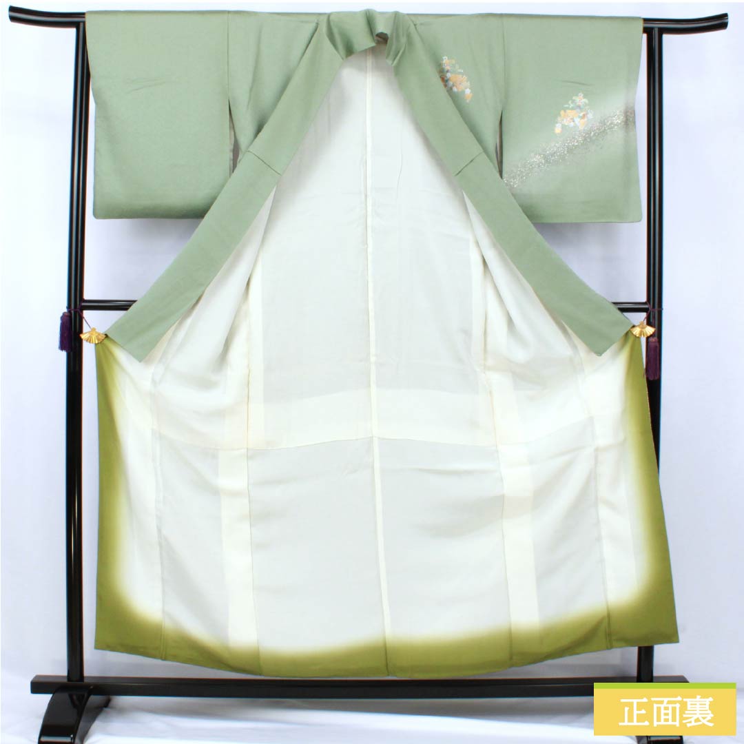 Visiting Kimono, Pure Silk, Grade A, Lined, Length 155cm, Sleeve Length 58.5cm, Back Leaf Color (Ura-iro), Mother-of-Pearl Inlay and Gold Finish, Auspicious Motifs, Tango Chirimen, Hatcho Mizu-yori, Green, Product Number: 1112007423319