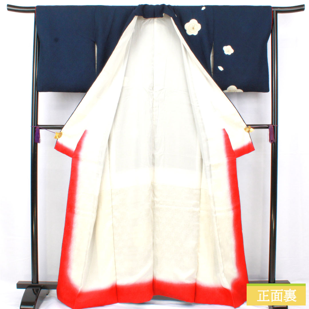 Homongi, pure silk, lined, length 162.5cm, sleeve length 62cm, navy blue, plum, cherry blossom, B rank, navy blue, 1112005634418