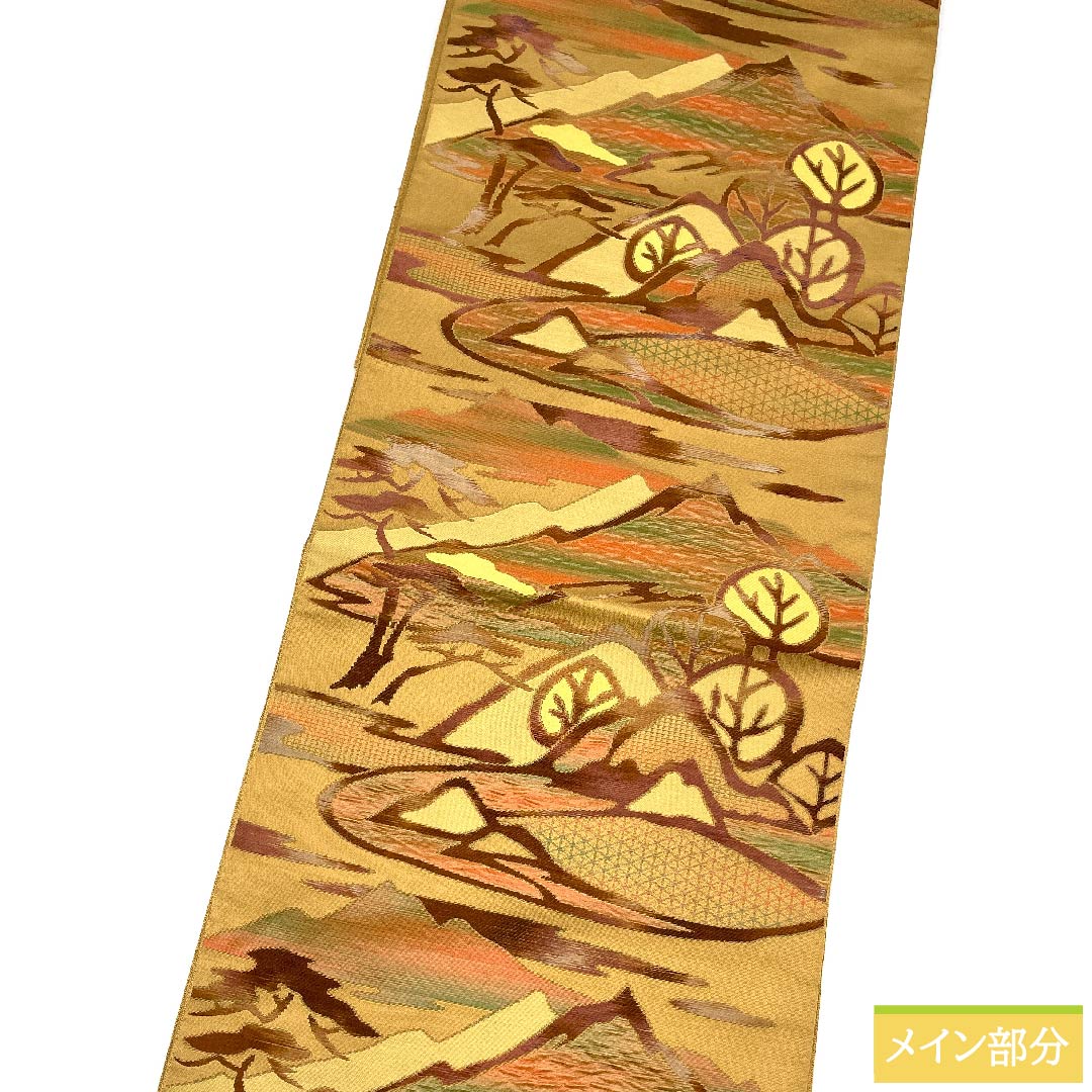 Nagoya obi, earthen cloth color, Toyama, abstract pine, tortoise shell, obi length 354cm, pure silk, S rank, six-pass, casual, yellow, 1124006012323, Nagoya style