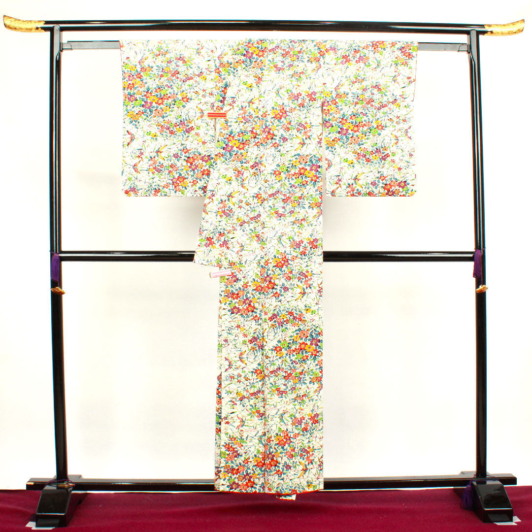 小紋 身丈156cm 裄丈60cm 袷 胡粉色 草花模様 正絹 Aランク 白系 1115003073311