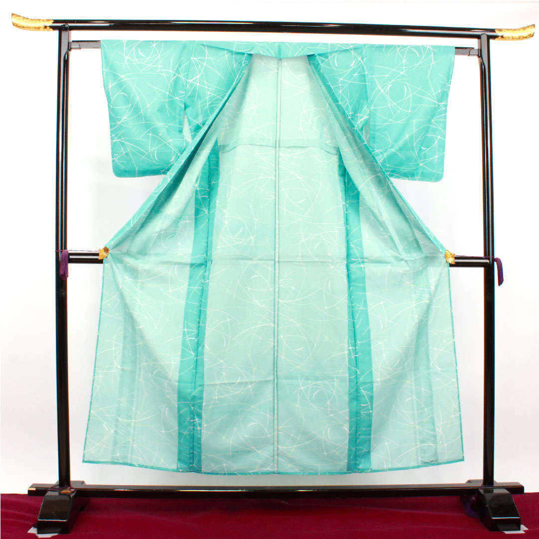 Summer kimono, polyester, small pattern, length 154.5cm, sleeve length 61.5cm, light blue, washable kimono, geometric pattern, silk, S rank, light blue, 1132001722224