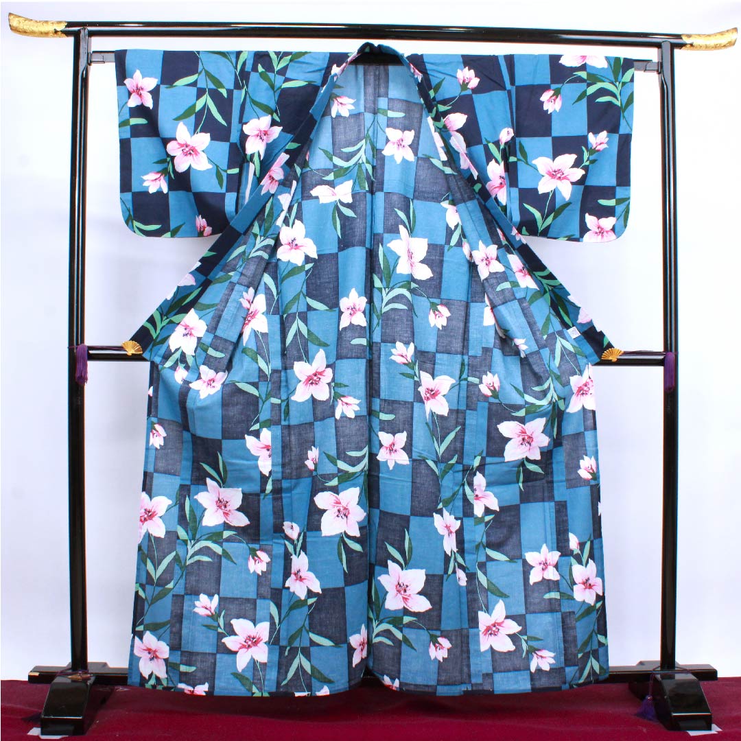 浴衣 濃紺色 サフランモドキ 市松 木綿 Sランク 単衣 身丈161cm 裄丈65.5cm 紺系 1118004112418
