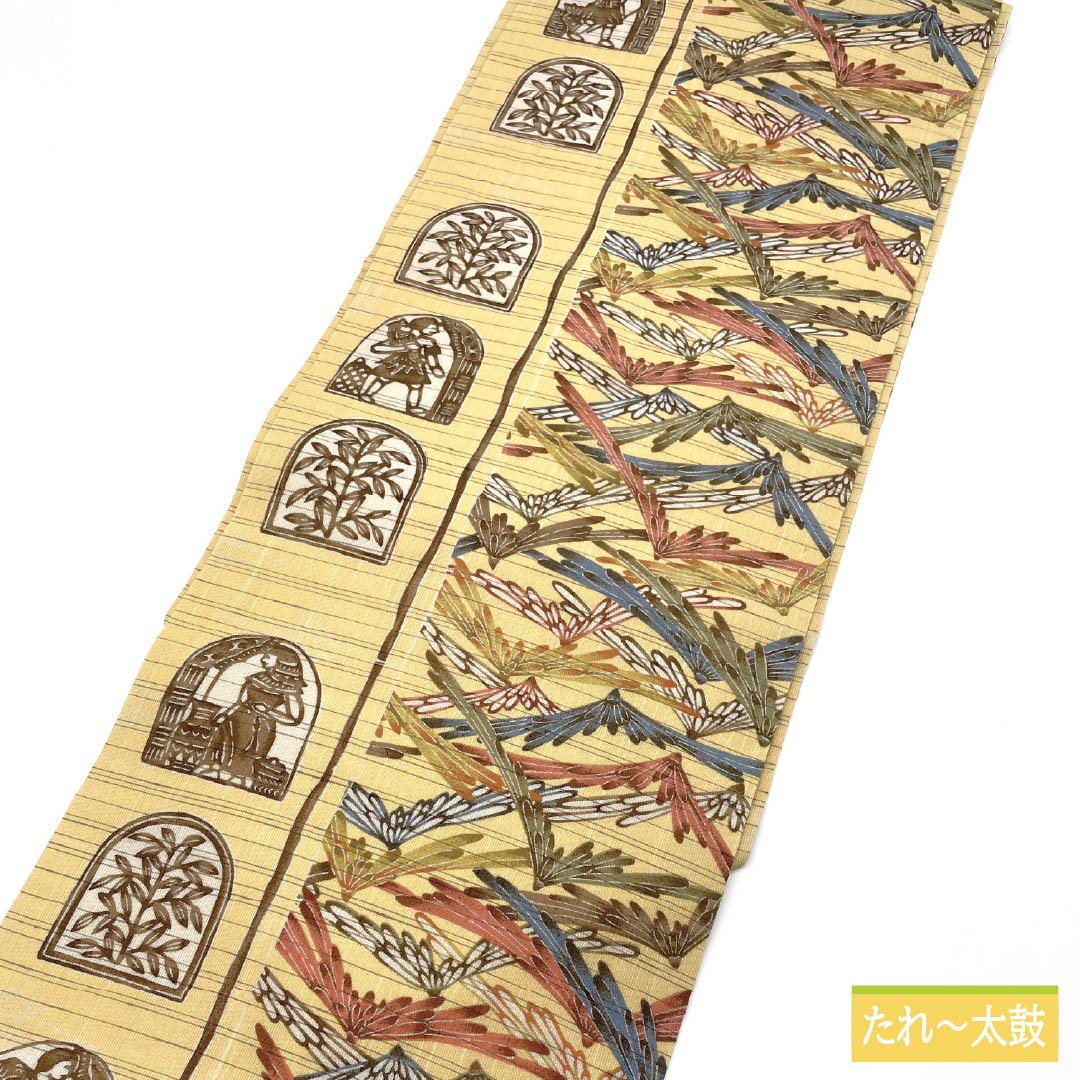 Nagoya obi, pure silk, egg yellow (ran'ou-iro), summer obi, dyed obi, Inca pattern, obi length 370cm, S rank, full length, casual, yellow, 1124007942323, Nagoya style