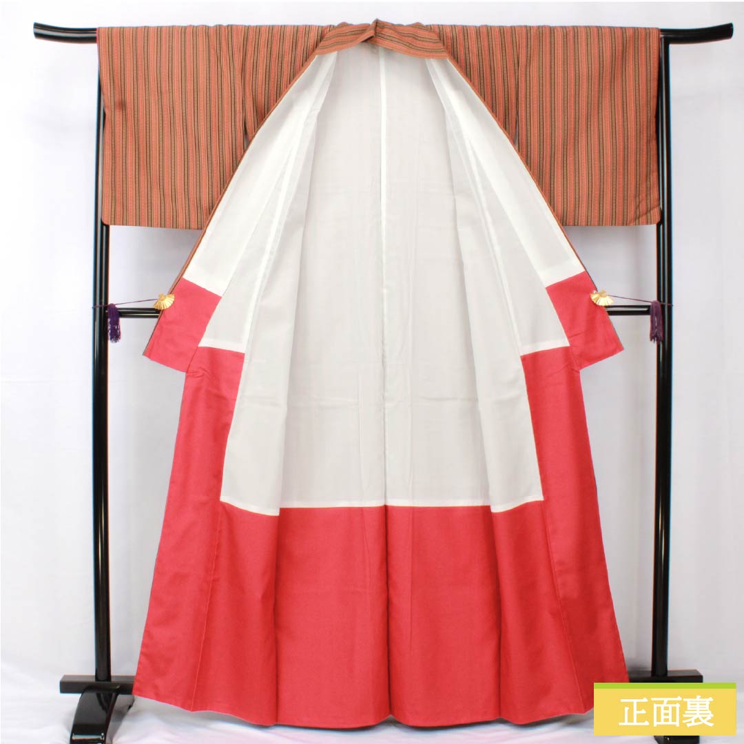 Small pattern, polyester, length 162.5cm, sleeve length 65.5cm, lined, striped, washable kimono, S rank, beige, 1115005502425