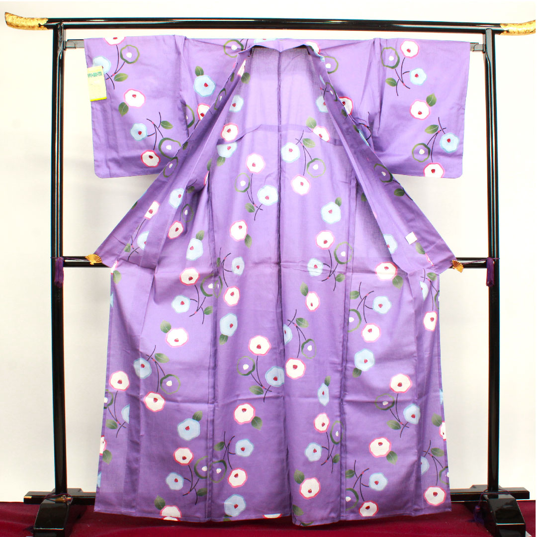 浴衣 葵色 抽象花 木綿 Sランク 単衣 身丈166cm 裄丈66.5cm 紫系 1118001292520