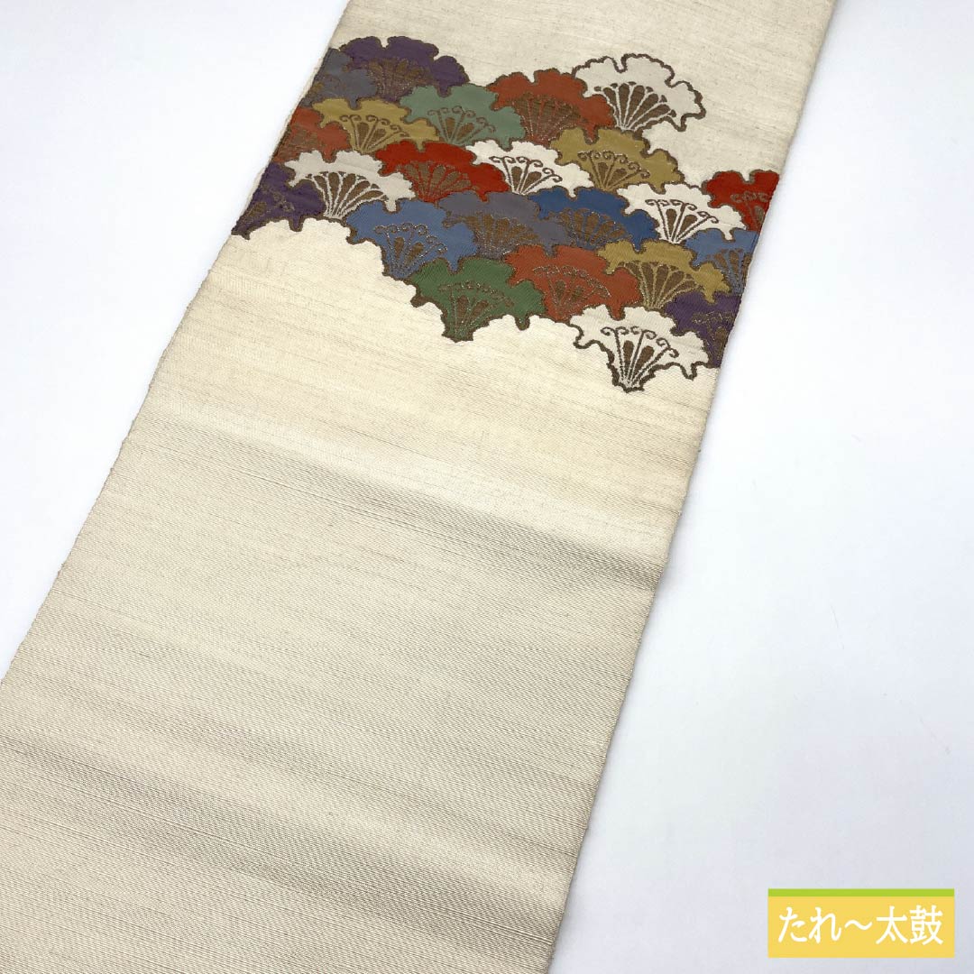 Nagoya obi, natural color (kinariiro), pongee fabric, Yukiwa Seigaiha pattern, obi length 351cm, pure silk, S rank, point pattern, casual, cream color, 1124008212315, Nagoya style