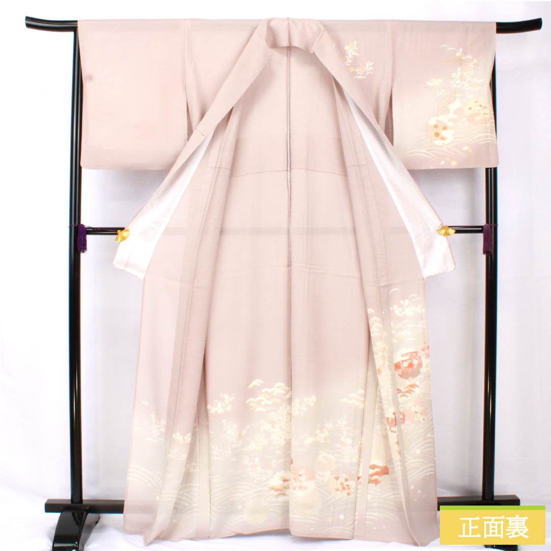 Summer pure silk formal kimono, length 165cm, sleeve length 66cm, light plum gray, Kyoto yuzen, gold leaf, snowflake, silk, A rank, gray, 1132002033522