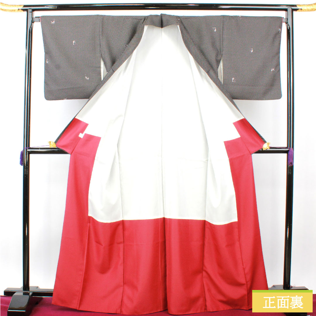 Small pattern, polyester, length 166.5cm, sleeve length 68cm, lined, washable kimono, checkered pattern, cat, S rank, monotone, 1115004382527