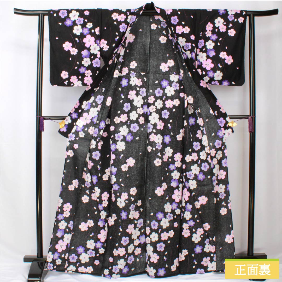 浴衣 木綿 身丈166.5cm 裄丈62.5cm Sランク 単衣 黒系 桜 1118005932510
