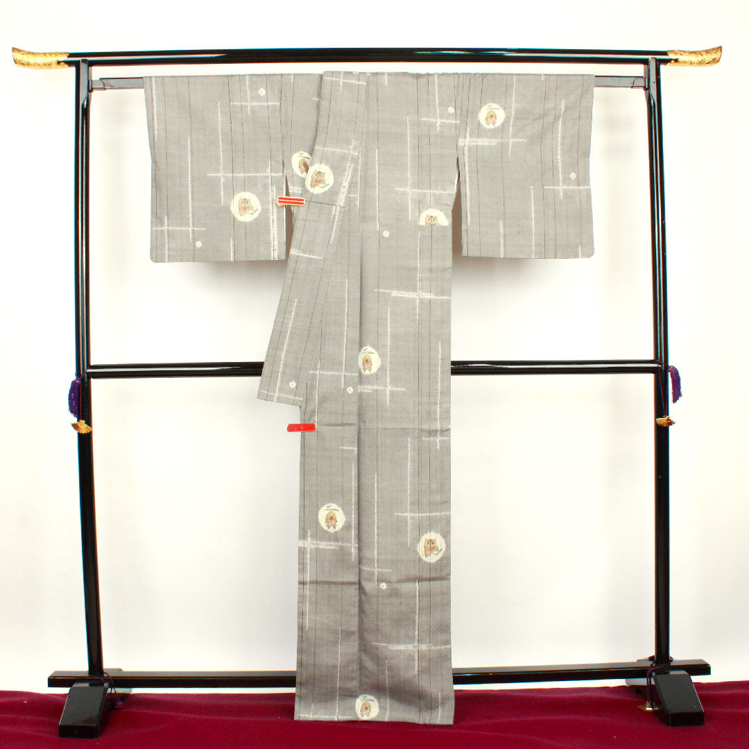 Tsumugi, Length 166cm, Sleeve length 67cm, Gray, Shibori, Owl, Pure silk, S rank, Awase, Gray, 1116002022522