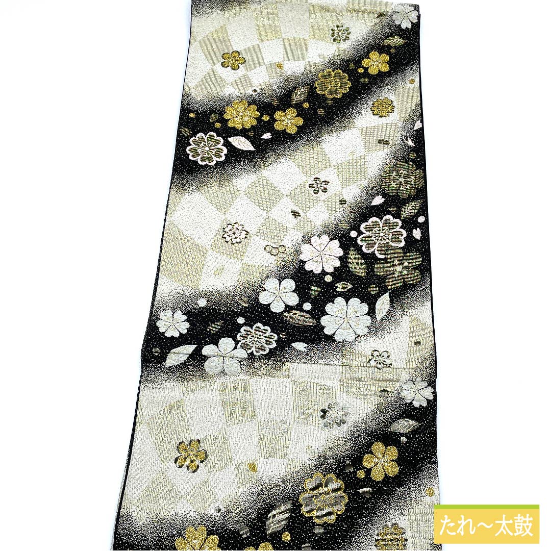 Fukuro Obi, pure silk, chalky white, cherry blossom, plum, checkered pattern, obi length 436cm, S rank, six-pass, formal, white, 1123011492311