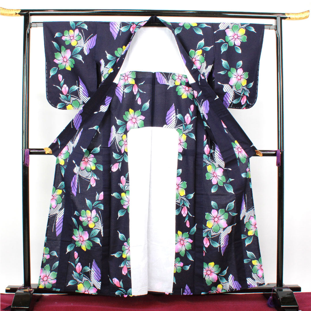 浴衣 濃紺色 草花模様 木綿 Sランク 単衣 身丈161.5cm 裄丈64cm 紺系 1118001982418