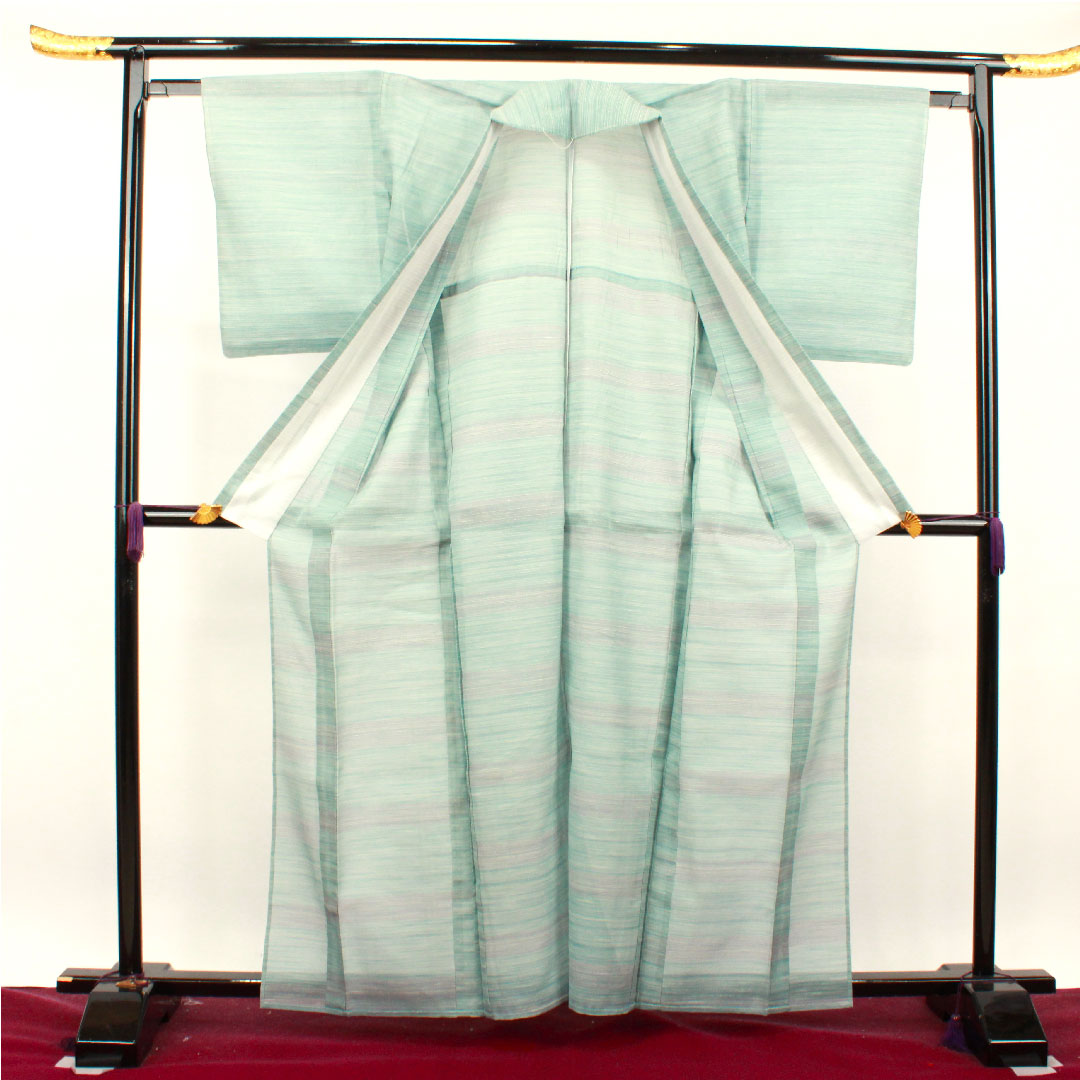 Summer pure silk tsumugi Length 163cm Sleeve length 63cm Light blue Horizontal stripes Gauze A rank Light blue 1132001023424