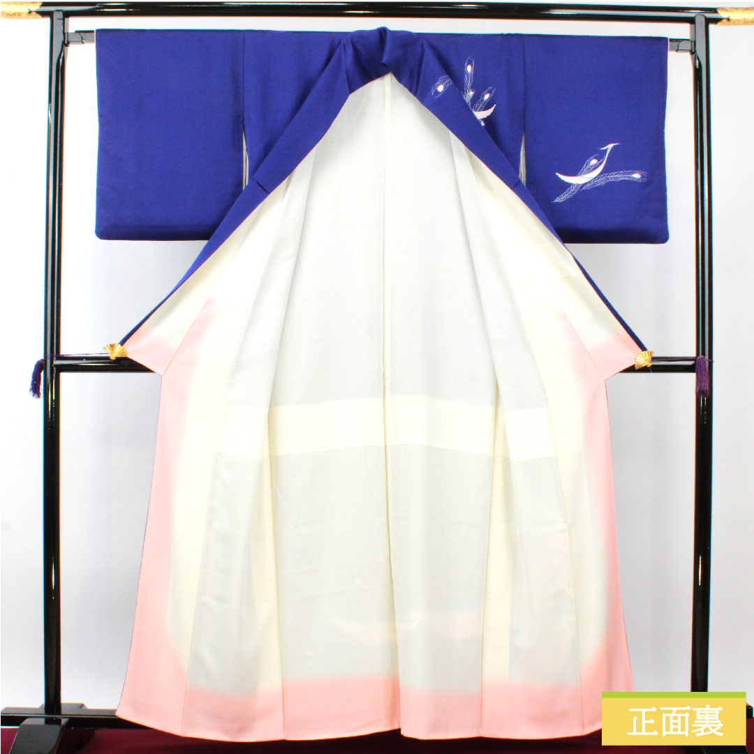 訪問着 正絹 袷 身丈161cm 裄丈65.5cm 桔梗色(ききょういろ) 京友禅 孔雀 Aランク 紺系 1112004353418