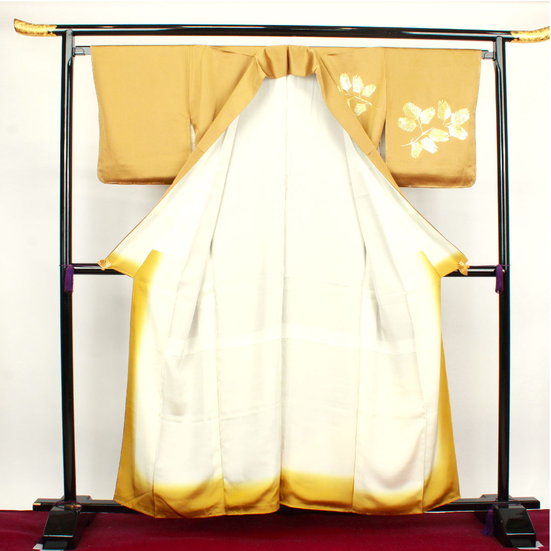 訪問着 袷 身丈158.5cm 裄丈65cm 沈香茶色 金彩加工 松葉 正絹 Sランク 黄系 1112002562323