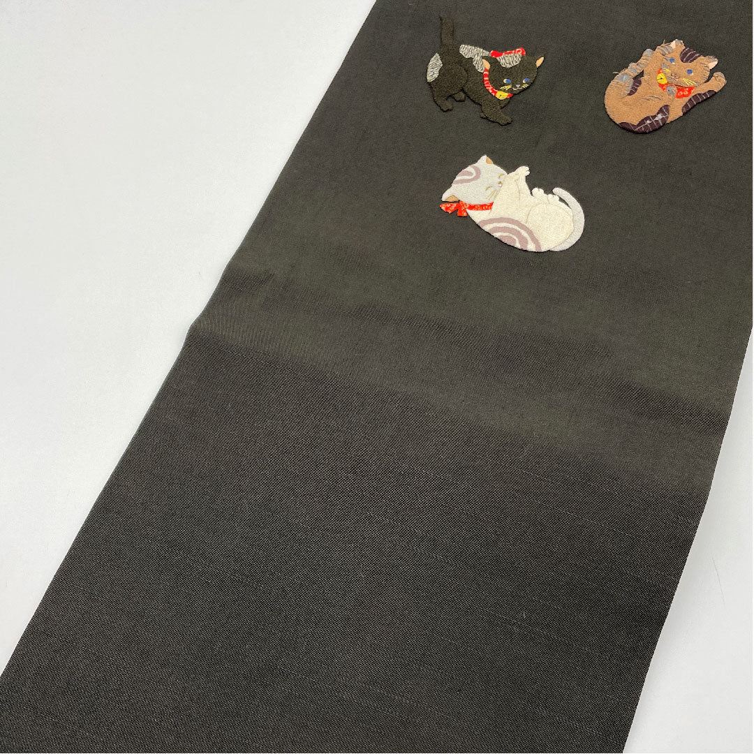 Nagoya obi, black, cat, Japanese pattern, obi length 362.5cm, pure silk, B rank, point pattern, casual, black, 1124002774310, Nagoya style