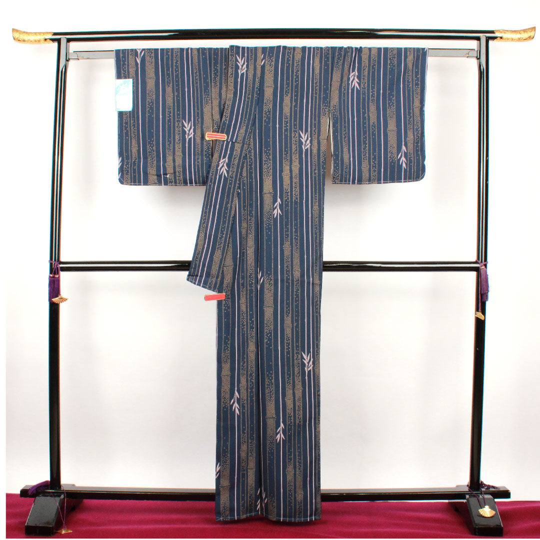 小紋 身丈163cm 裄丈67.5cm 袷 紺青色 洗える着物 竹 ポリ Sランク 紺系 1115002112418