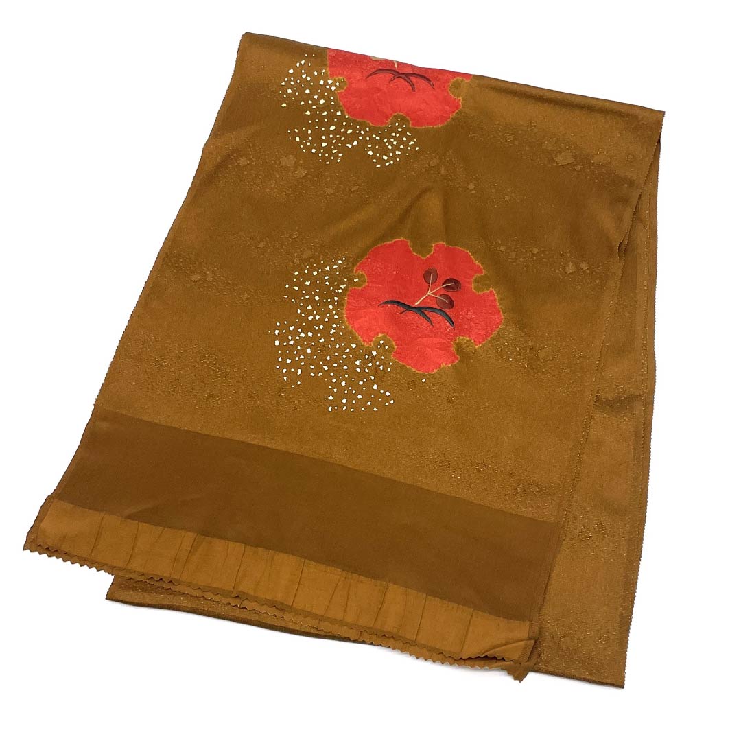 Obiage, pure silk, S rank, semi-formal, tawny (yellowish-brown), snow ring, partial shibori, embroidery, length approx. 170cm, width approx. 30.5cm, brown系 1136002722914