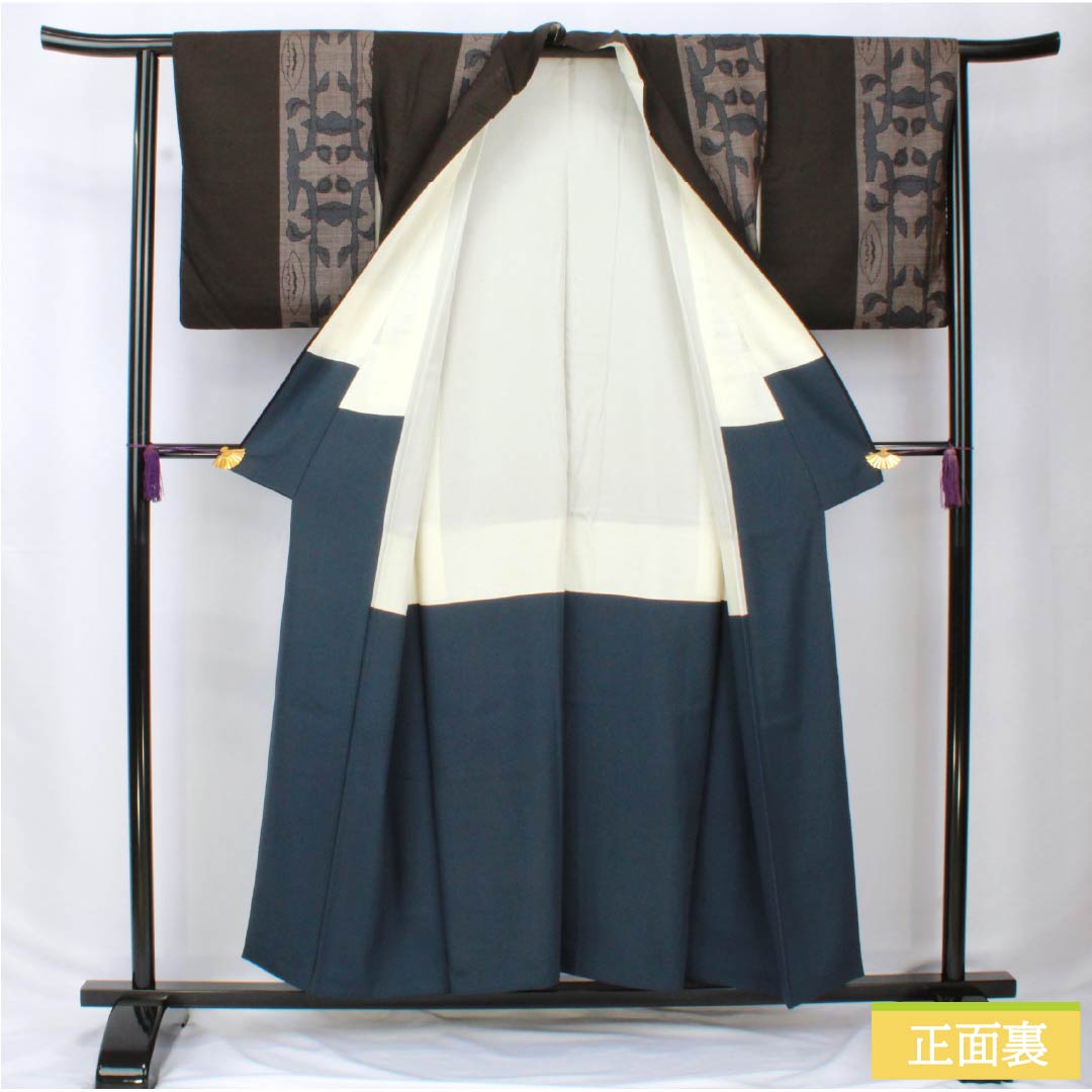 Tsumugi silk, Grade A, length 155cm, sleeve length 62.5cm, black-gray (kuronezui) color, authentic Oshima Tsumugi, Ichigen Kasuri pattern, 7 marks, lined, black, 1116004133310