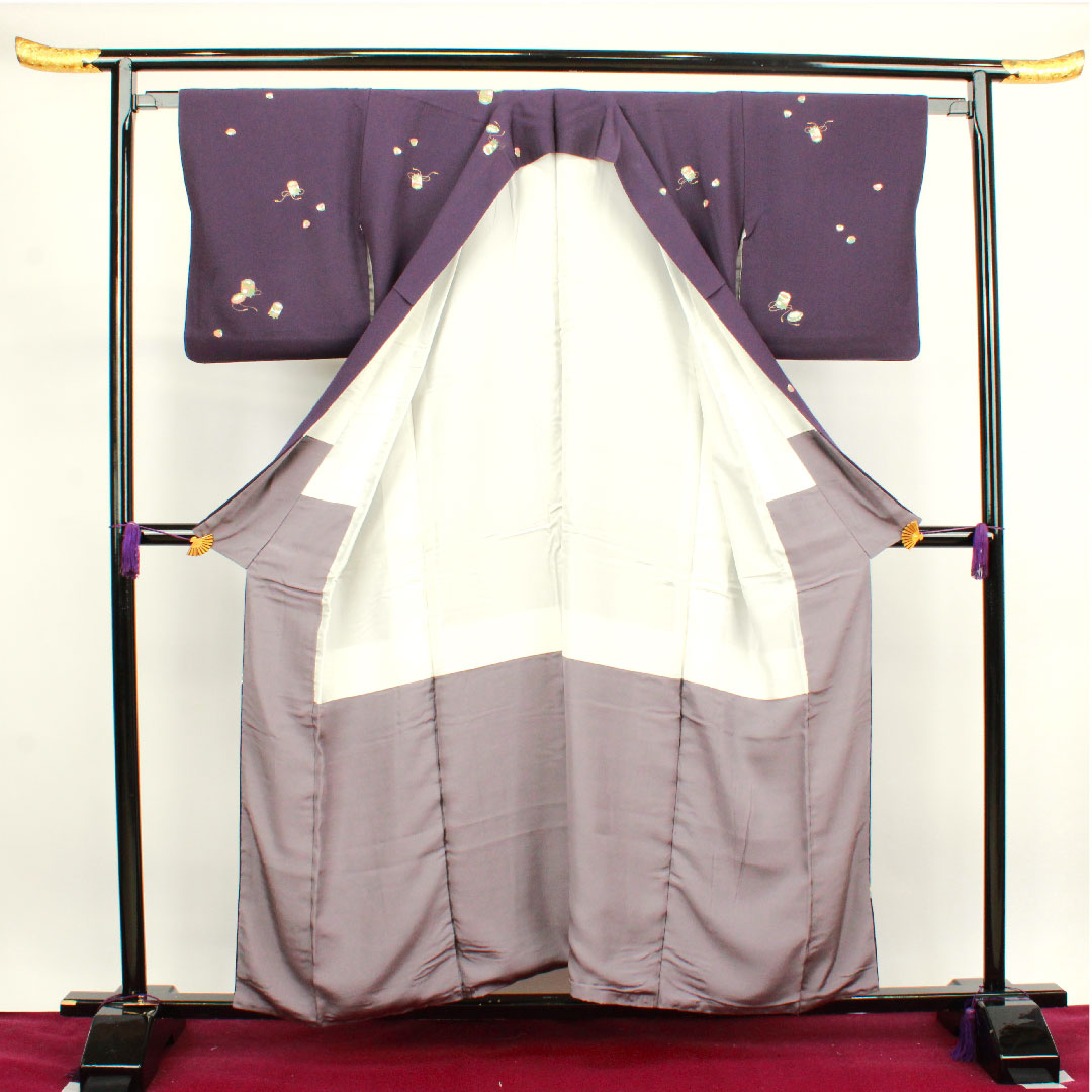 小紋 身丈156cm 裄丈65cm 袷 深紫色 貝桶 正絹 Aランク 紫系 1115003213320