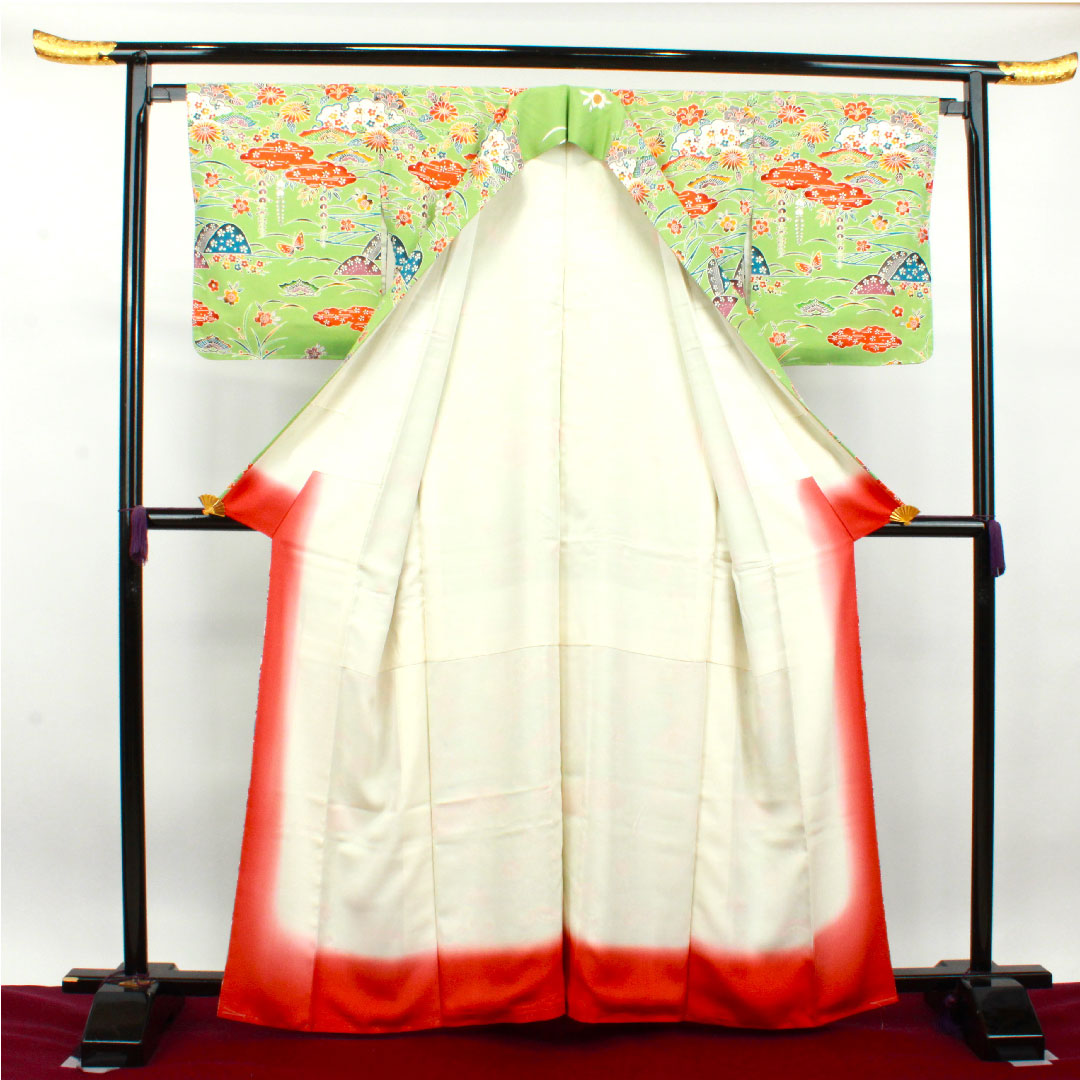 Homongi, pure silk, lined, length 162.5cm, sleeve length 65cm, light green, Kyoto Bingata, auspicious motif, with basting thread, S rank, green, 1112003222419