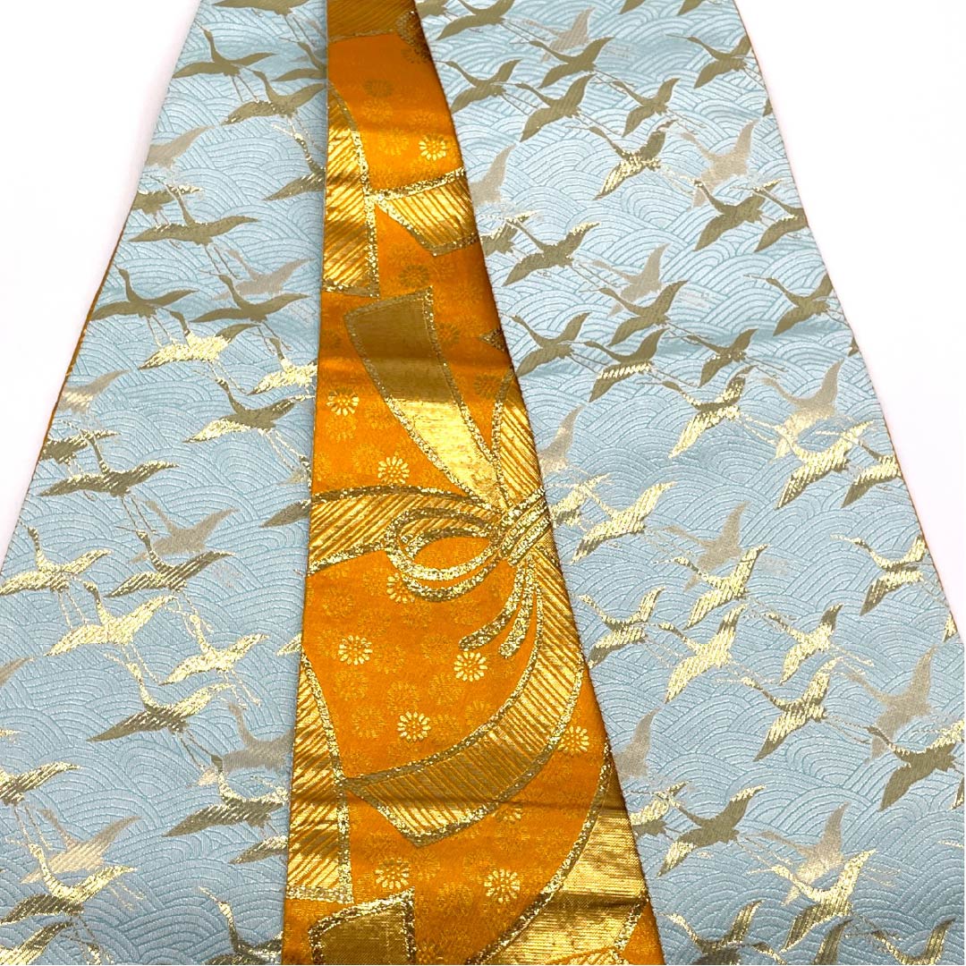 Half-width obi (obi), polyester, Kamenozoki (bottle-peeping) color, crane, Seigaiha (wave pattern), bundled noshi (noshi) design, reversible, length 344cm, light blue, rank S, product number 1125002072324