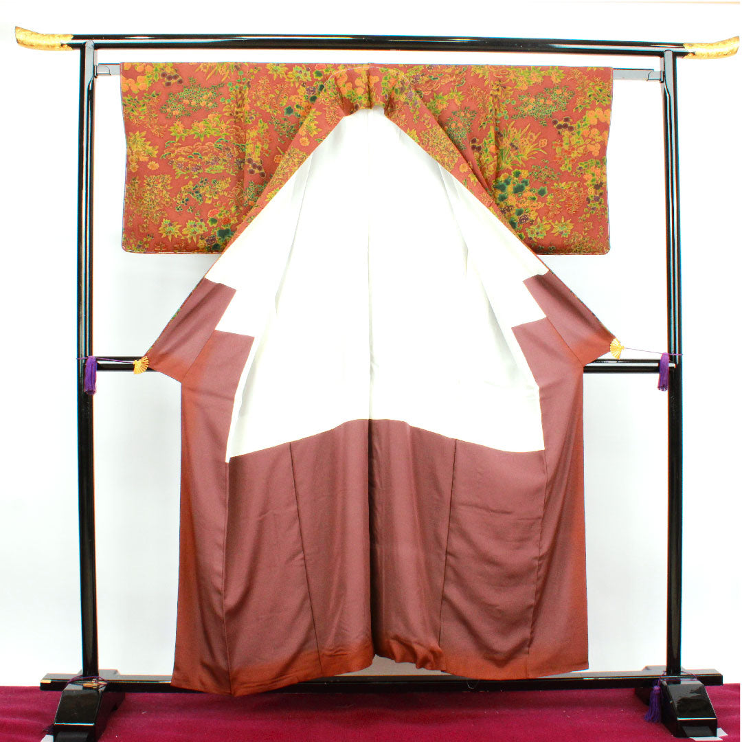 小紋 身丈154.5cm 裄丈61.5cm 袷 錆色 しつけ糸付き 草花模様 正絹 Aランク 茶系 1115003203214