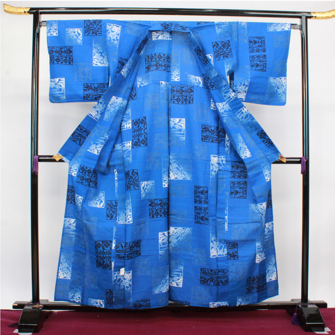 Yukata, blue, abstract pattern, cotton, S rank, single layer, length 159cm, sleeve length 66.5cm, blue, 1118002422317