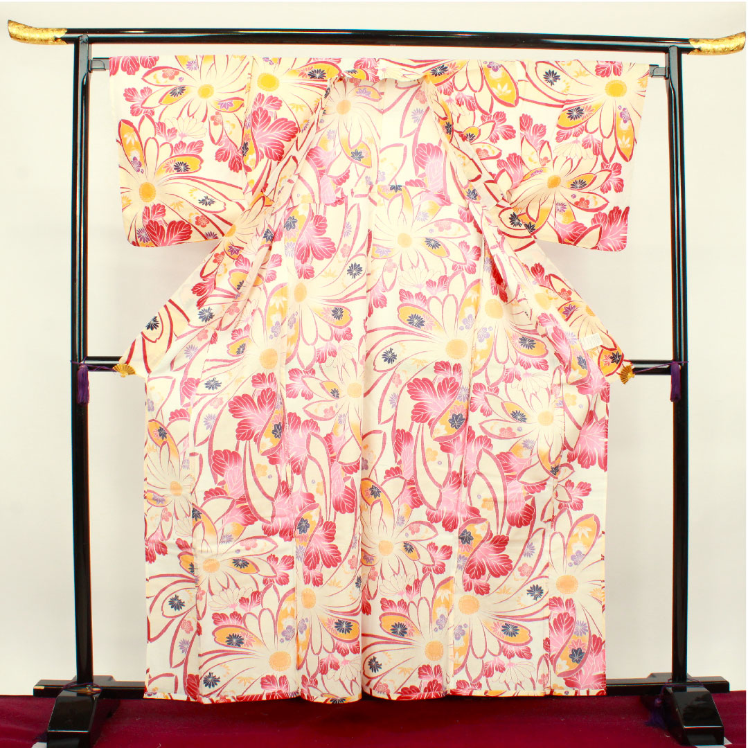 浴衣 花模様 木綿 Sランク 単衣 身丈162cm 裄丈65.5cm 白系 1118001152411